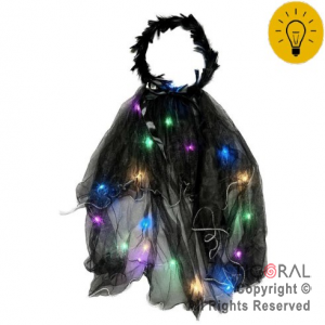 CORONA DE PLUMAS NEGRA CON VELO DE TUL Y LUZ MULTICOLOR 1214A X 1